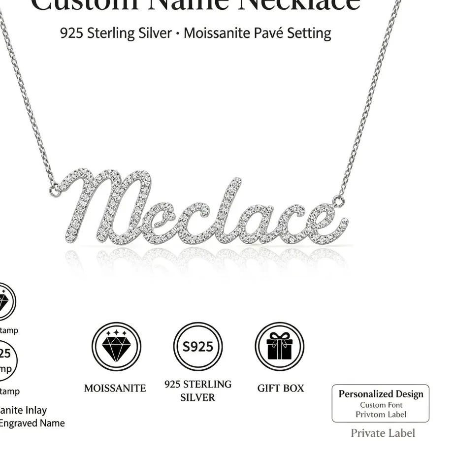 Authentic Personalized Moissanite Name Necklace 925 Silver Custom Cursive Letter Pendant Customized Nameplate Jewelry Birthday For He