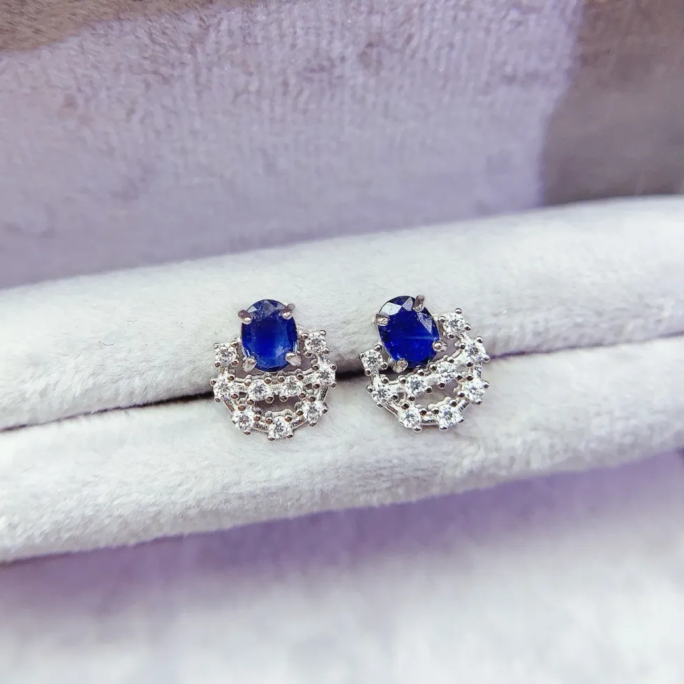 Authentic Natural Sapphire Earrings 4*5mm S925 Pure Silver Jewelry Sparkling Gem Sophisticated Formal Accessories