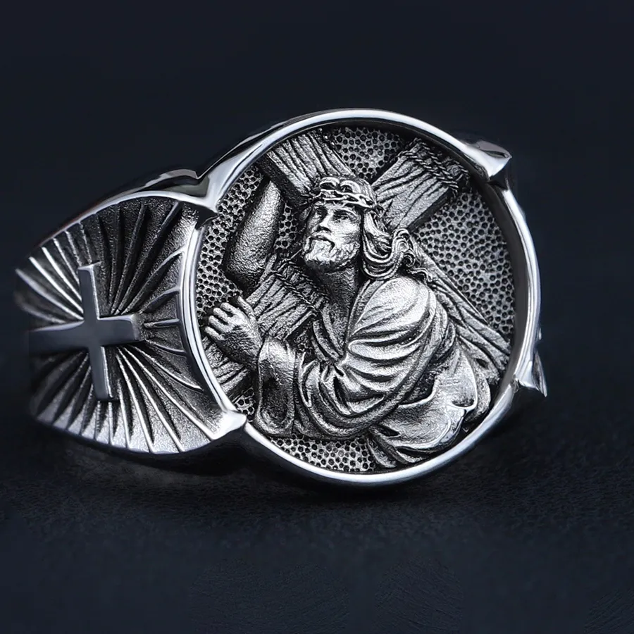 Authentic Cross Jesus Catholic Religious Christian Amulet Memorial Silver Ring