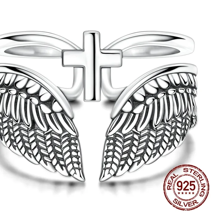 Authentic Angel's Embrace: Vintage Winged Cross Double Band Ring – Sacred Love & Protection Amulet