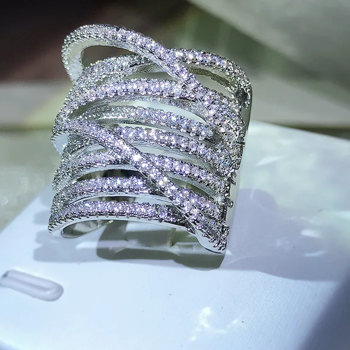 Authentic 2022 NEW Exaggerated Multi-layer Winding Cross Couple Ring For Women Layered Full Diamond Engagement Wedding Gift  Party Jewelry