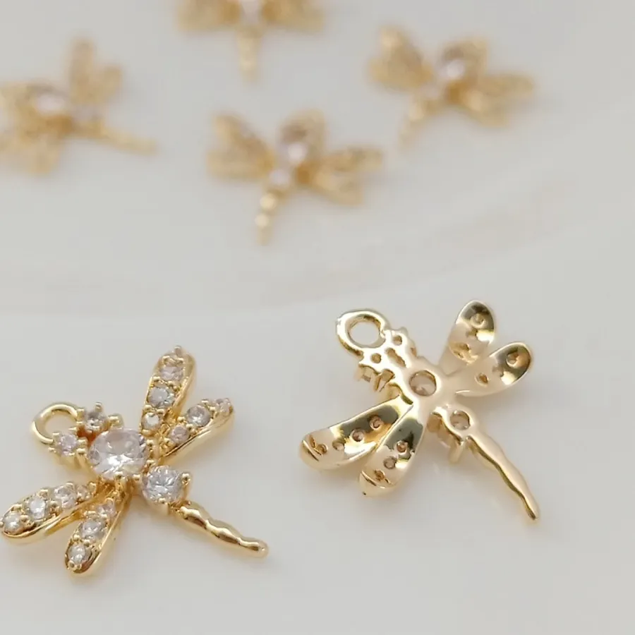 Authentic 14K Gold-plated and Inlaid Zircon Dragonfly Pendant, Bracelet, Necklace, Jewelry, DIY Handmade Accessory Pendant