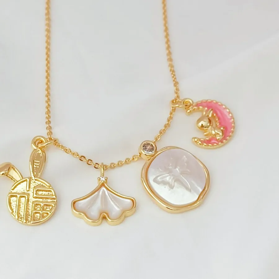 Authentic 14K Gold-plated Mother-of-pearl Embossed Ginkgo Leaf Dragonfly Lucky Rabbit Pendant DIY Bracelet Necklace Material