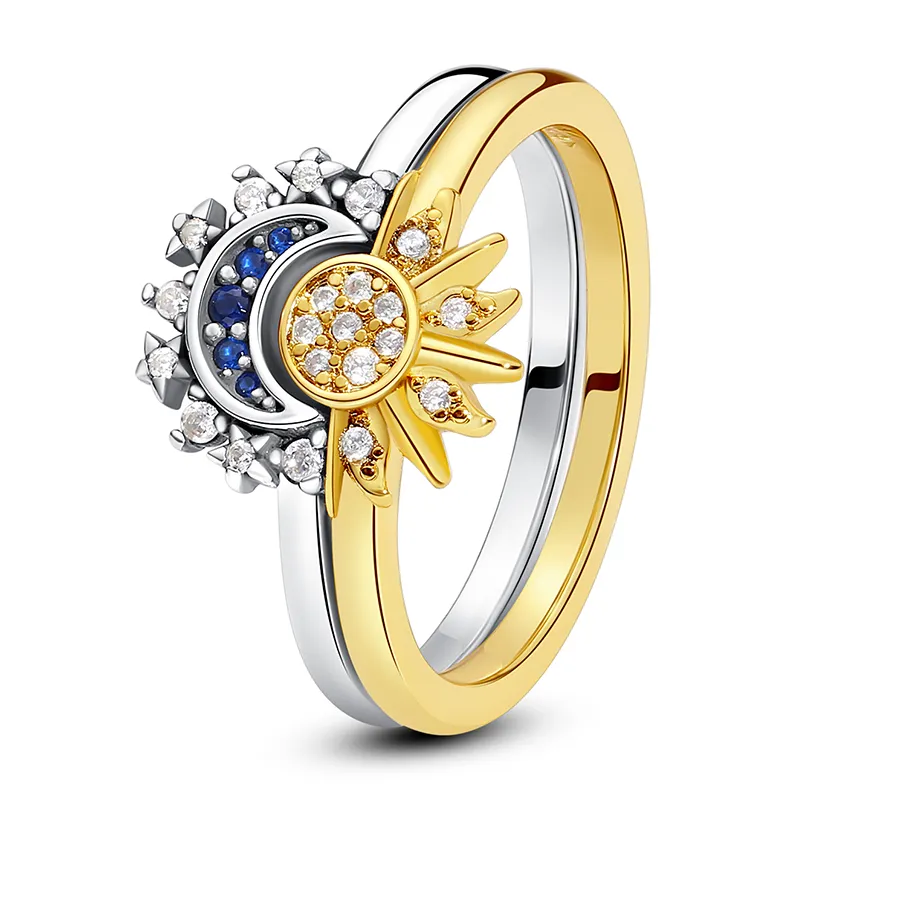Authentic Original 925 Sterling Silver Rings Sun Moon Star Pave Cz Gold Color Stackable Ring Jewelry