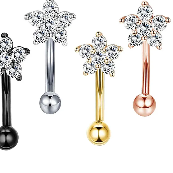 Authentic 16G 316L Stainless Steel CZ Crystal Flower with Dangling Double Gem Drop Belly Button Ring Stackable Piercing Jewelry