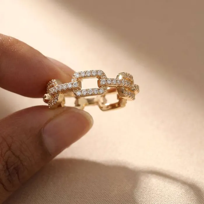 Authentic 925 Sterling Silver Classic Link Chain Shape Geometric Cubic Zirconia Stackable Exquisite Ring For Women Trendy Party Jewelry