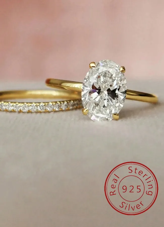 925 Sterling Silver Golden Oval Zircon Stackable Ring Fine Jewelry