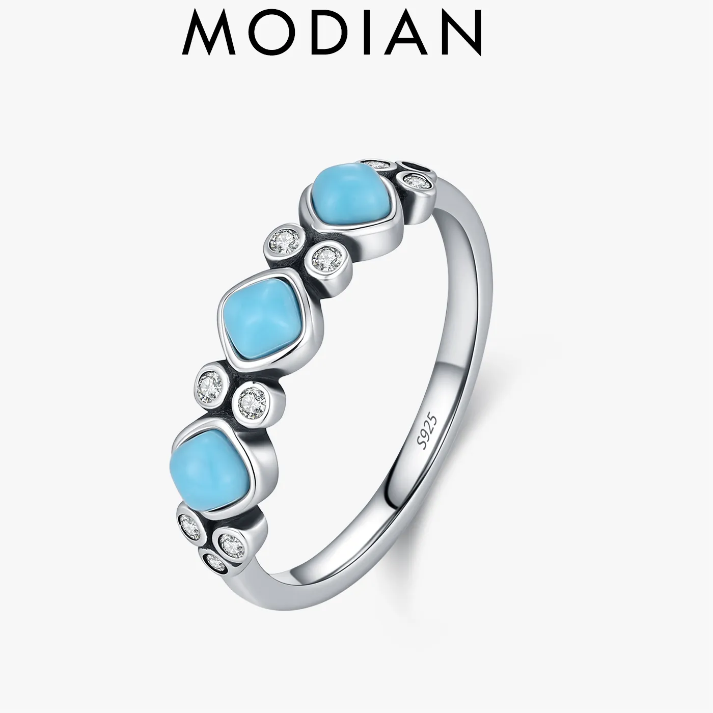 Authentic MODIAN 925 Sterling Silver Exquisite Stackable Band Ring Retro Turquoise Trendy Ring for Women Fine Party Daily Jewelry