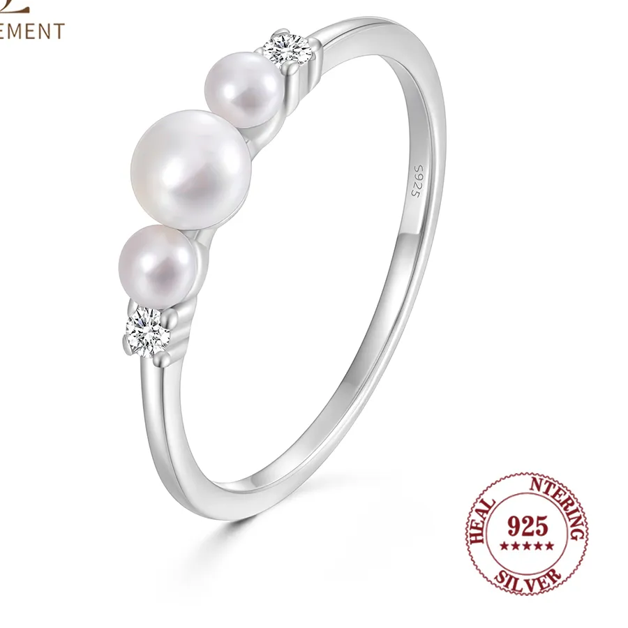 Authentic Seulement 925 Sterling Silver Three Pearl Ring for Women Exquisite Cubic Zirconia Inlaid Stackable Finger Ring Jewelry for Women