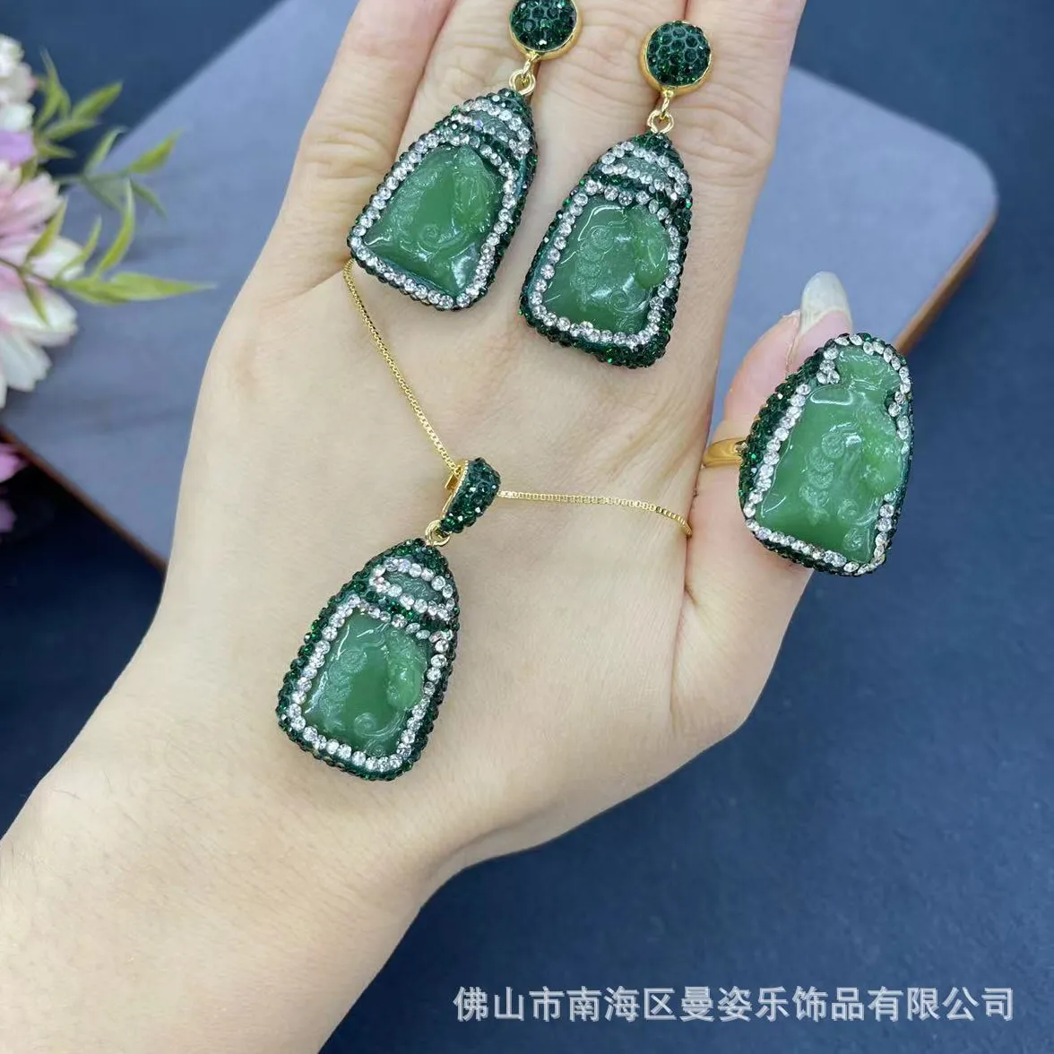 Authentic DIY accessories Green glazed money bag pottery mud inlaid jewelry set, Chinese niche original design lucky bag factory direc