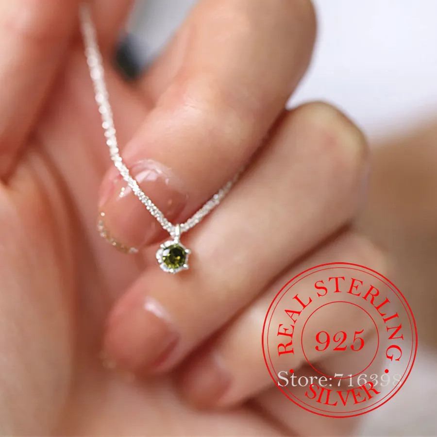 Authentic Real Money 925 Sterling Silver Women's Pendant Necklace Green Crystal Starry Pendant Necklace Wedding Party Jewelry