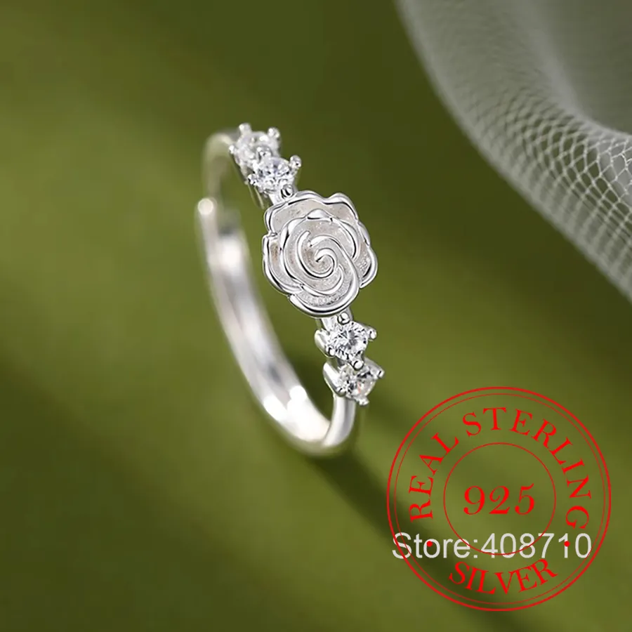 Authentic Real Money 925 Sterling Silver Simple Camellia Flower Adjustable Finger Rings For Women 925 Wedding Party Jewelry Gift