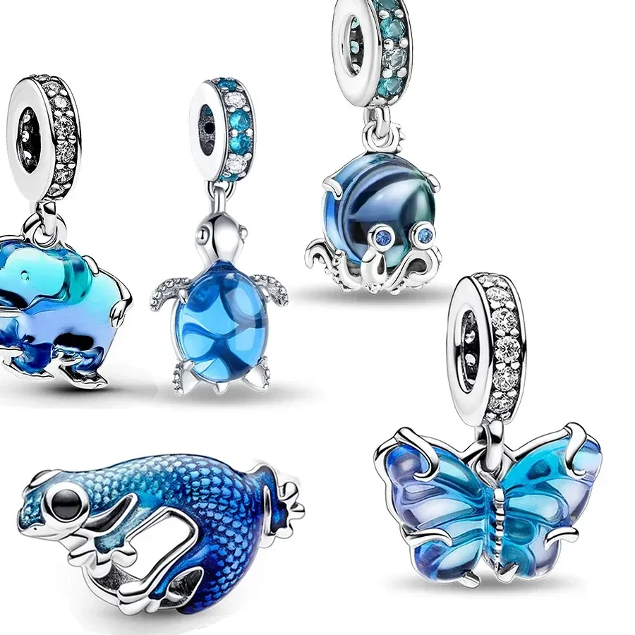 Authentic Charms 925 Sterling Silver Gradient Blue Glass Ocean Series Big Lucky Elephant Fit Bracelet Diy Jewelry Making