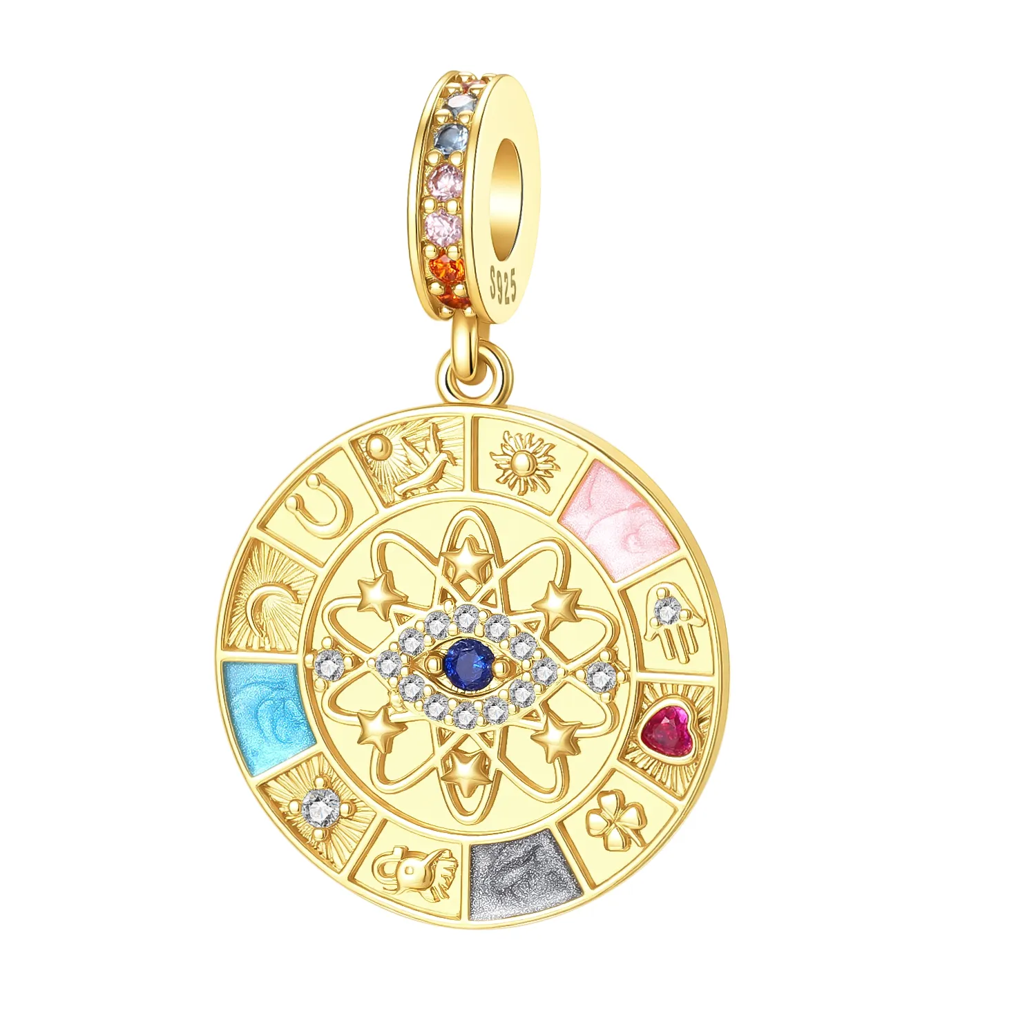 Authentic 925 Sterling Silver Evil Eye Lucky Amulet Dangle Good Luck Symbols Hamsa Hand Horseshoe Pendant Fit Bracelets Jewelry