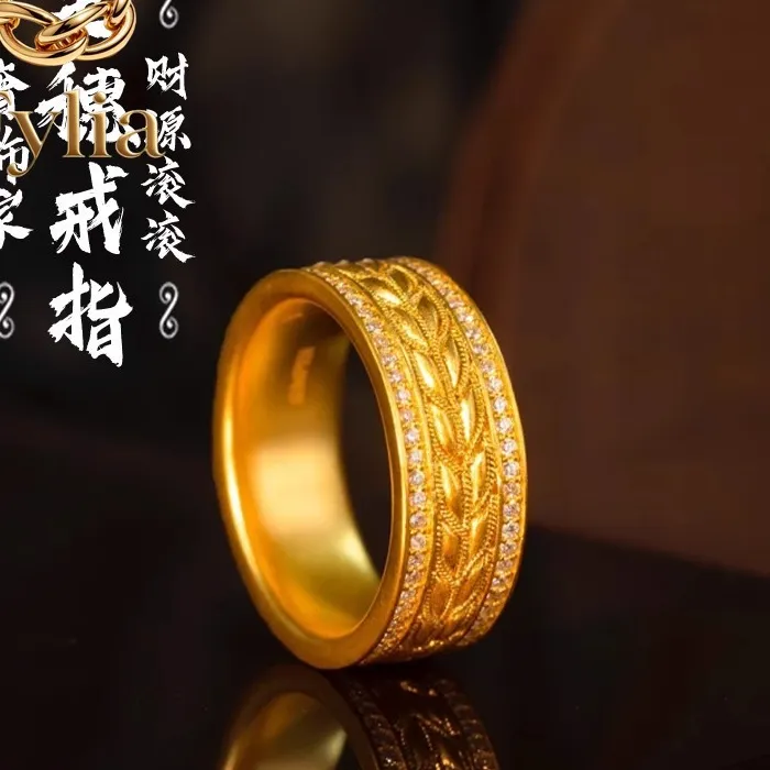 Authentic Fylia Jewelry Luxury 999 24K real gold wheat ears inlaid diamond ring ancient method weaving index finger ring wealth rolling r