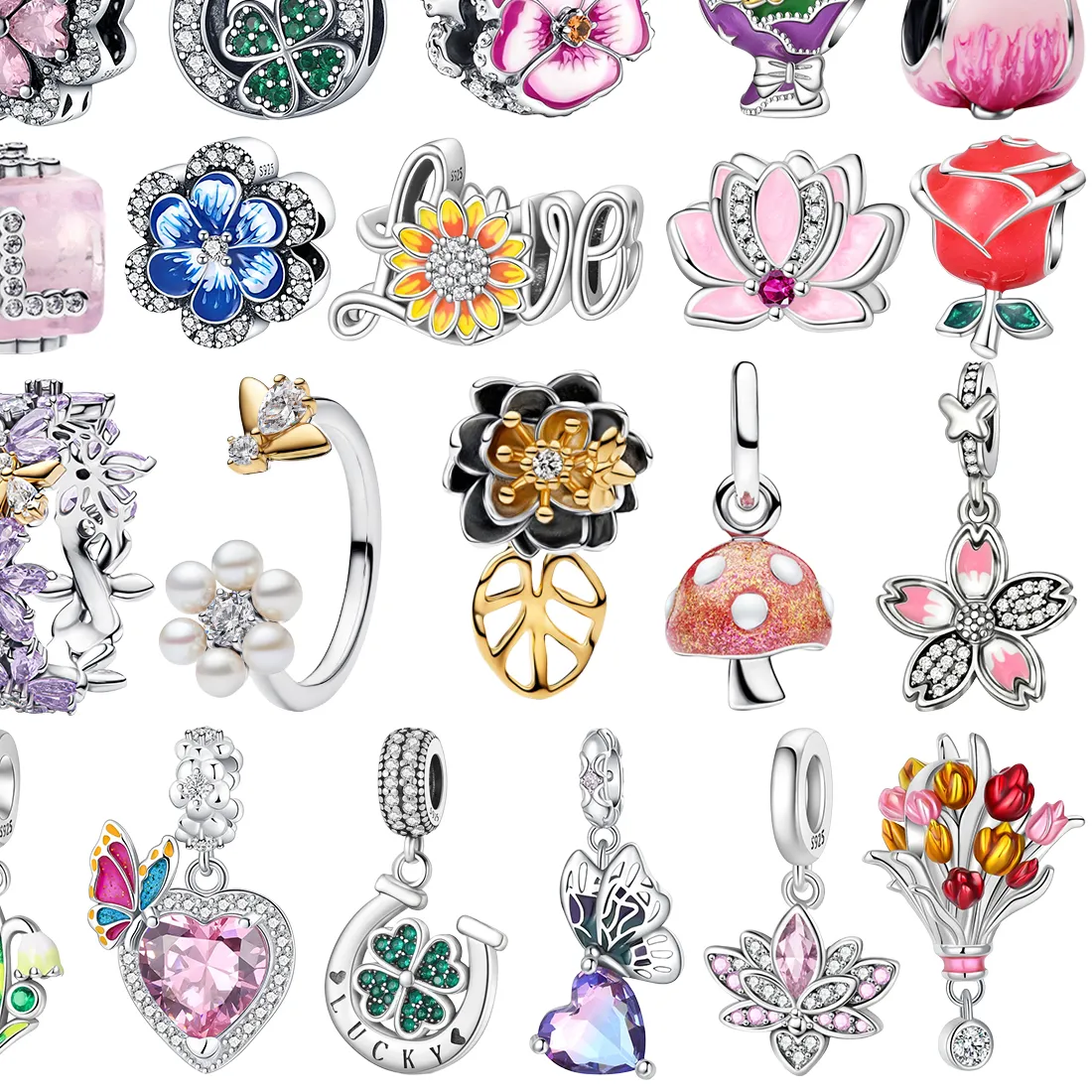 Authentic 925 Sterling Silver Clover Floral Tulip Lucky Bouquet Pansy Charms Mushroom Blossom Gem Beads Girlish Fit Bracelet Jewelry