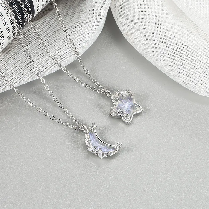 Authentic Star and Moon Pendant Necklace For Women White Gold Color Thick Plated Sweater Chain Fashion Jewelry for Female Free Shipping
