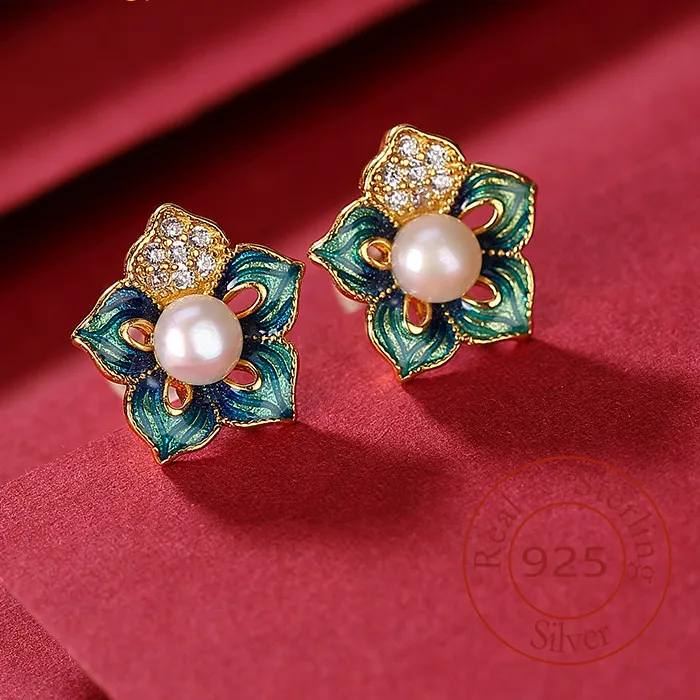 Authentic Amxiu Sterling Silver 925  Gold-Plated Cloisonné Natural Freshwater Pearl Earrings Personality Flower Women's Ear Jewelry