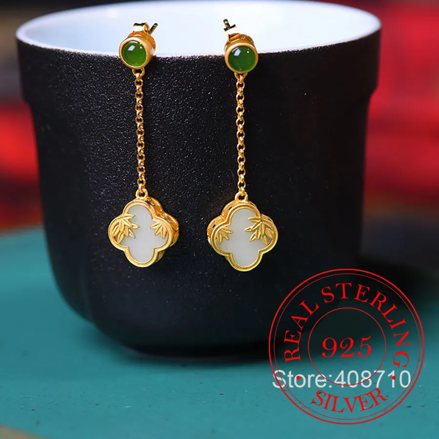 Authentic Whispering Blossoms of the Gilded Jade Tassel Earrings