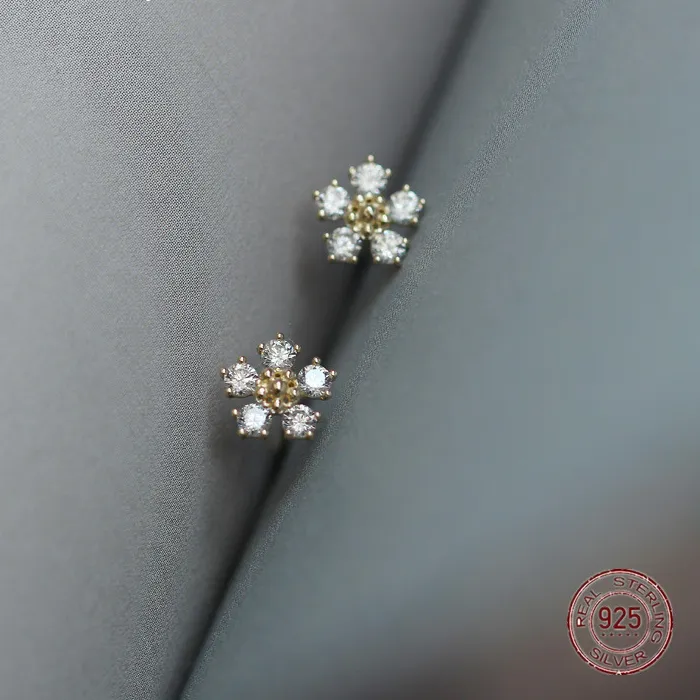 Authentic S925 Sterling Silver Small Flower Stud Earrings for Women Mini Korean Fashion Zirconium Earrings Plated 14k Gold Ear Jewelry