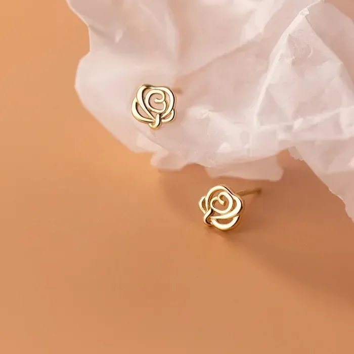 Authentic S925 Sterling Silver Rose Flower Stud Earrings For Women Kids 14K Gold Plated Ear Wedding Party Jewelry Gift Female Pendientes
