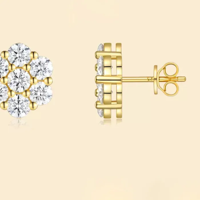 Authentic Celestial Bloom: Gold‑Plated Moissanite Flower Stud Earrings