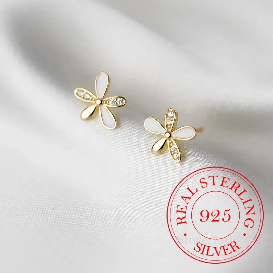 Authentic 925 Sterling Silver Crystal Flower Stud Earrings For Women Kids 14K Gold Plated Ear Wedding Party Jewelry Gift Female Pendientes