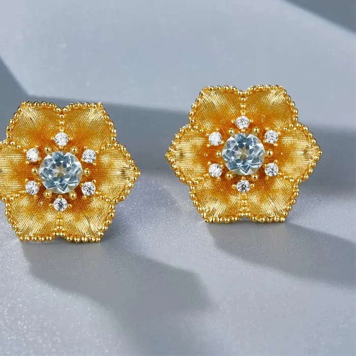 Authentic 925 Sterling Silver Gold Plated Natural Topaz Flower Stud Earrings For Women Fashion Dainty Aesthetic Jewelry Small Earring Gift
