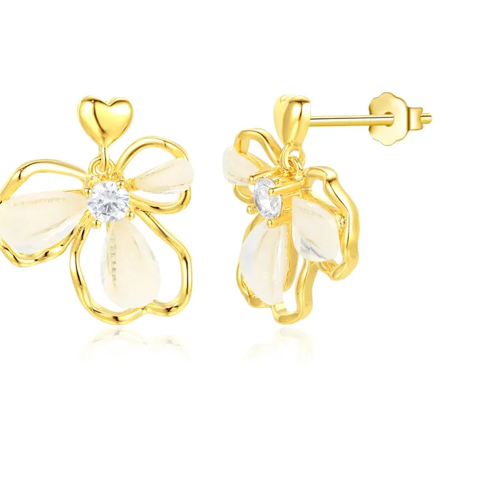 Authentic TKJ 925 Sterling Silver Stud Earrings Gold Plated Flower Cube Zircon Ear Studs Piercing Earrings for Women Party Wedding Jewelry