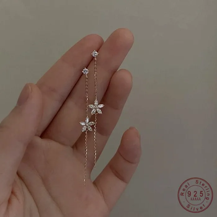 Authentic 925 Sterling Silver Plated 14K Gold Long Tassel Zircon Flower Earrings fou women Sweet Temperament Wedding Jewelry Accessories