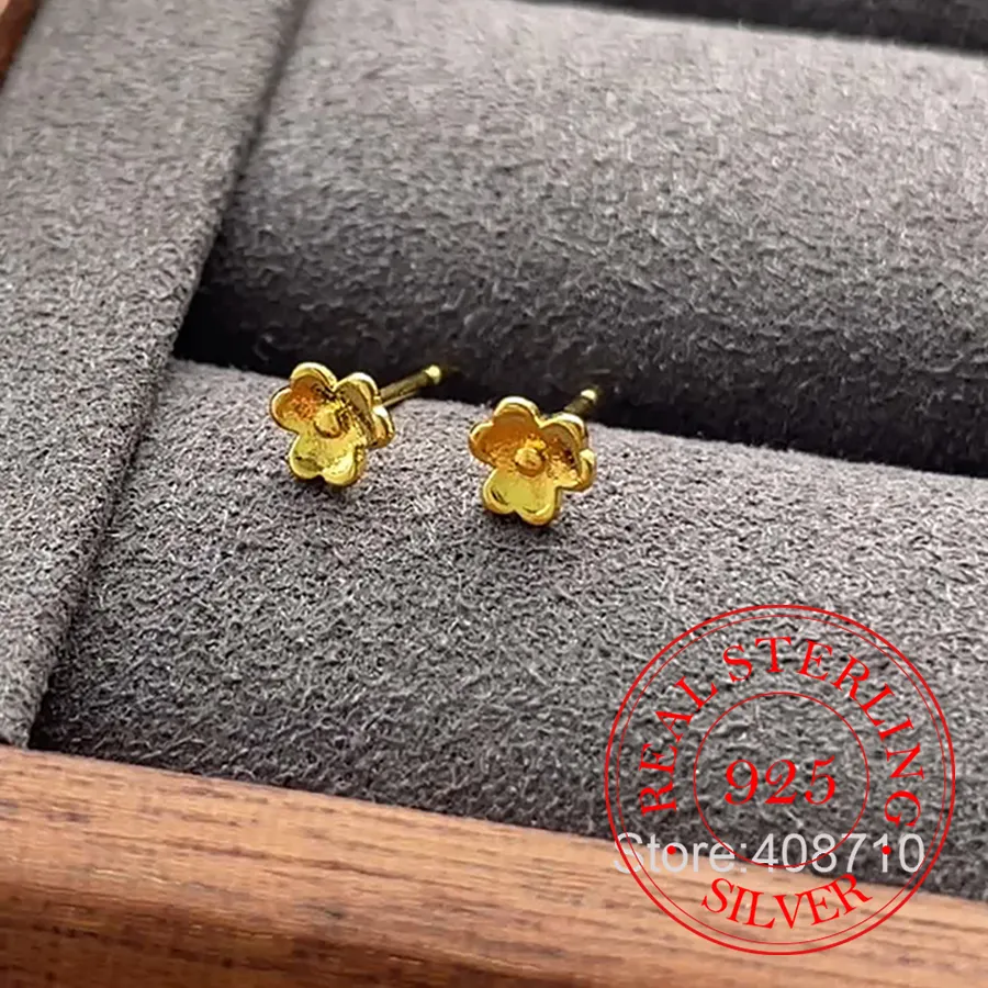Authentic Simple 18K Gold Plated Cute Sweet Flower Stud Earrings For Woman 925 Silver Fashion Piercing Jewelry Aretes De Mujer Party Gift