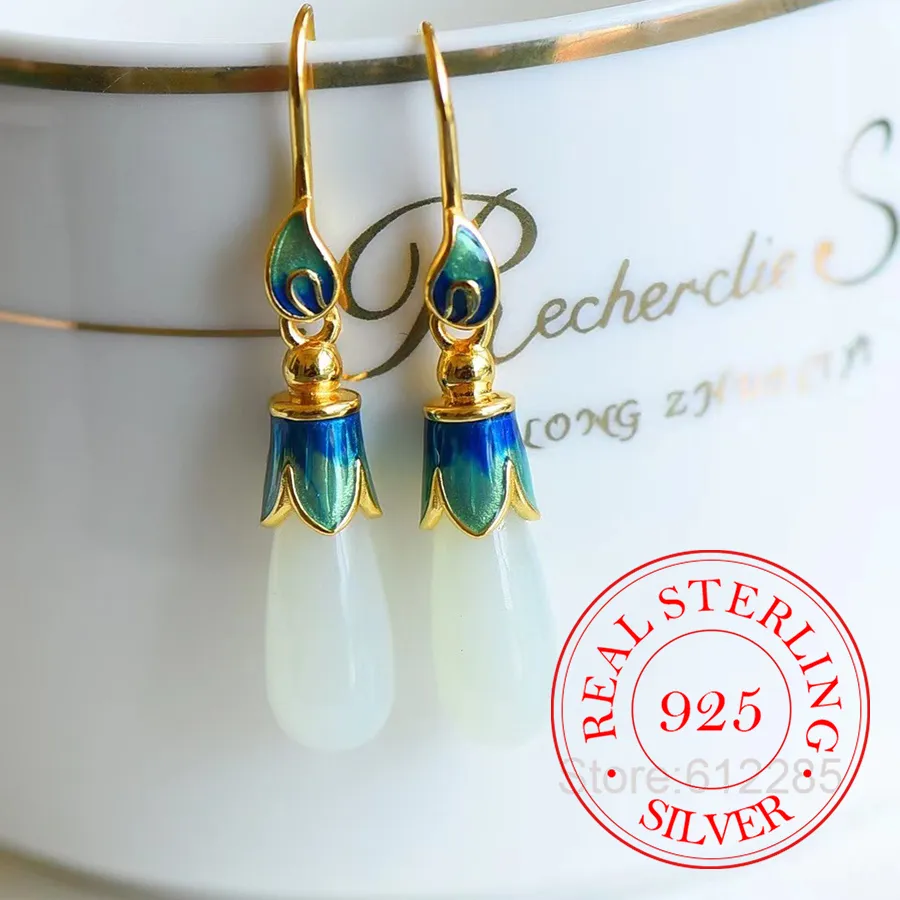 Authentic 925 Sterling Silver Jewelry 18K Gold Plated Natural Jade Enamel Orchid Flower Stud Earrings for Women Wedding Party Jewelry Gift