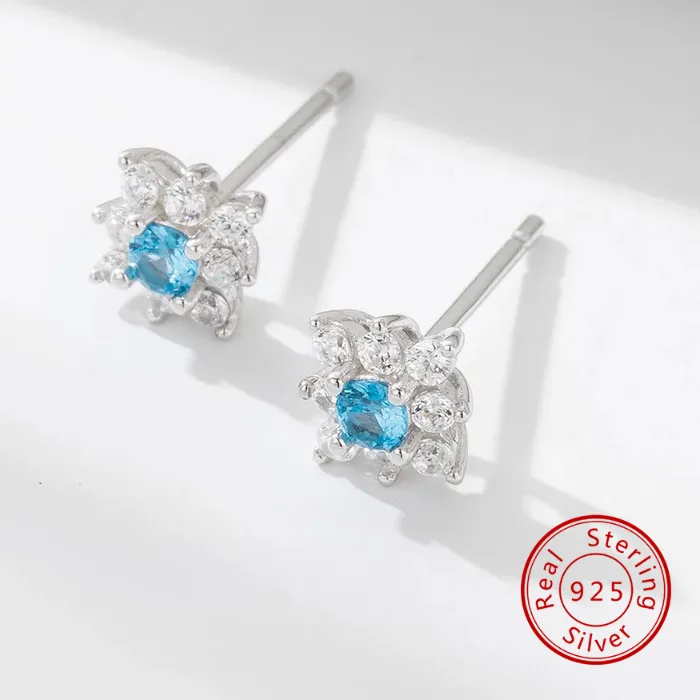 Authentic 925 Sterling Silver 14K Gold Rhodium Plated Mini Flower Blue CZ Halo Stud Earrings Round Zircon Dainty Floral Daily Jewelry