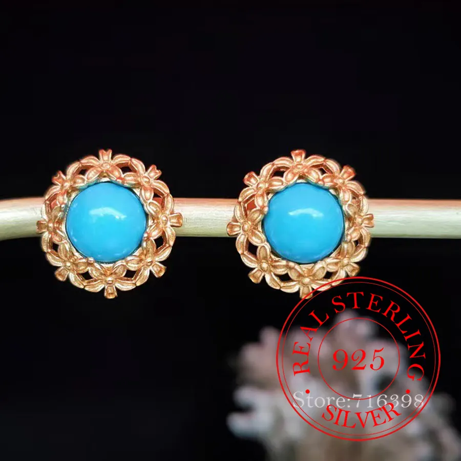 Authentic 925 Sterling Silver Jewelry 18K Gold Plated Natural Turquoise Vintage Flower Stud Earrings for Women Wedding Party Jewelry Gift