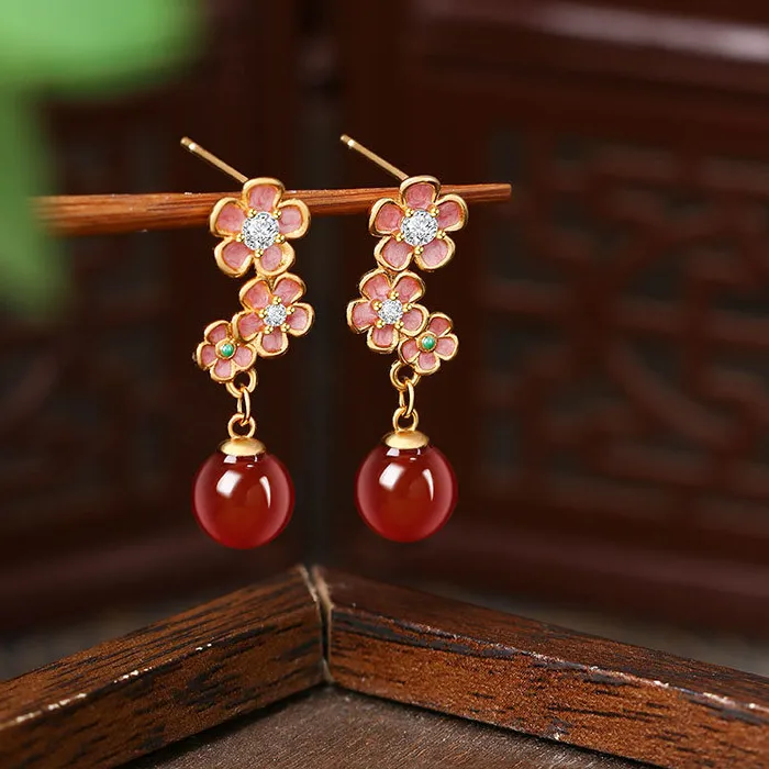 Authentic Natural Red Jade Beaded Stud Earrings 18K Gold Plated Vintage Designer Talismans Flower Accessories Gifts for Women