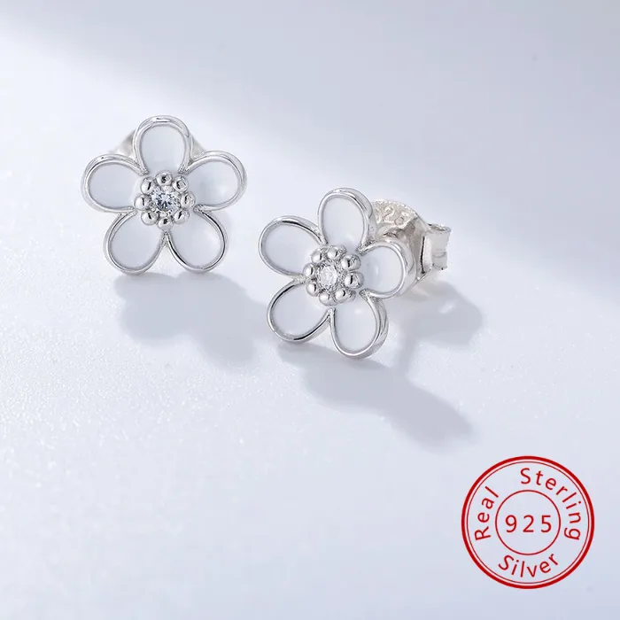 Authentic 925 Sterling Silver 14K Gold Plated Rhodium Plated Five Petal White Enamel Flower CZ Stud Earrings Dainty Floral Daily Jewelry