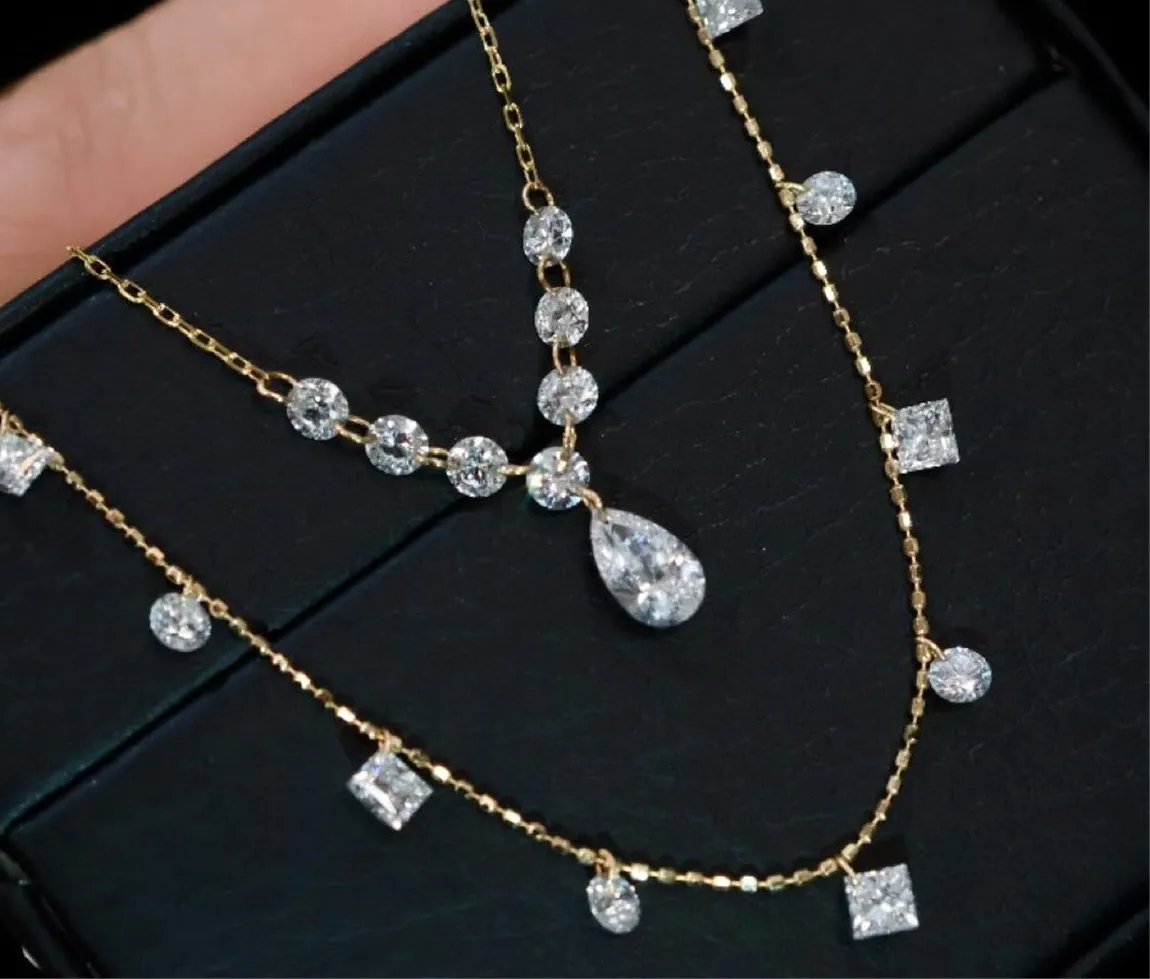 Authentic 18K Gold Lab- Grown Diamond Necklace, Water Droplet And Round With Drilled Holes And Clawless Setting, Custom- Designed Jewelry