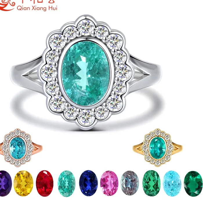Authentic Lab Grown Oval Paraiba Tourmaline Halo Ring 6*8mm, S925 Silver with Moissanite Accents, Neon Blue Green Paraiba Jewelry