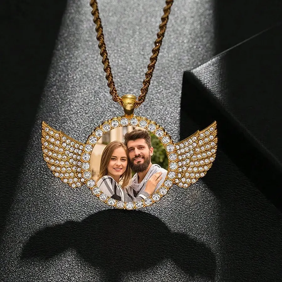 Authentic Custom Photo Crystal Angel Wing Necklace Personalized Convex Gemstone Pendant Jewelry Ideal Family Memorial for Anniversary