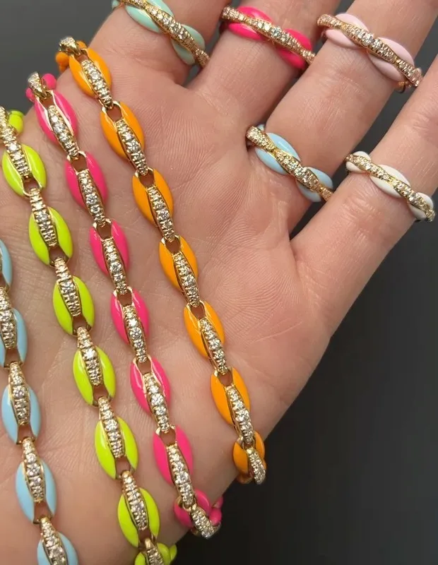 Authentic 2023 New Design Fashion Women Jewelry 7 Colorful Candy Neon Enamel Coffee Beaded Link Chain Rainbow Choker Necklace 32+10cm