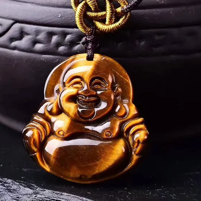 Authentic Jewelry Natural Gems Energy Stone Laughing Buddha Pendant Necklace Yellow Tiger Eye Natural Stone Pendant Necklace