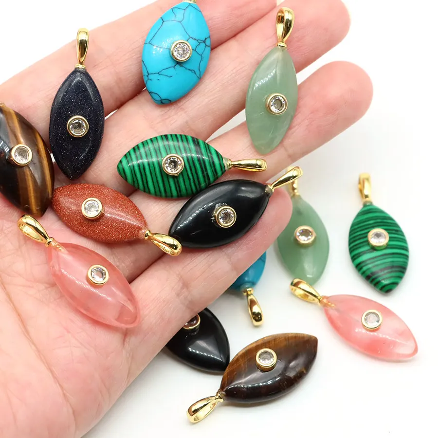Authentic 1pc Natural Stone Pendant Horse Eye Shape Inlaid Zircon Tiger Eye Rose Quartz Charms for Jewelry Making Diy Necklace Accessories