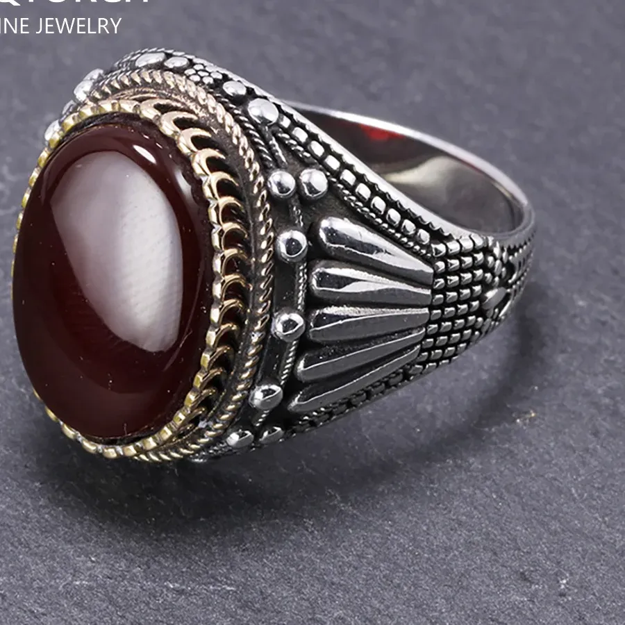 Authentic Real 925 Sterling Silver Mens Rings With Tiger Eye Natural Stones Big Vintage Rings In Fijne Sieraden Turkish Turkey Jewelry