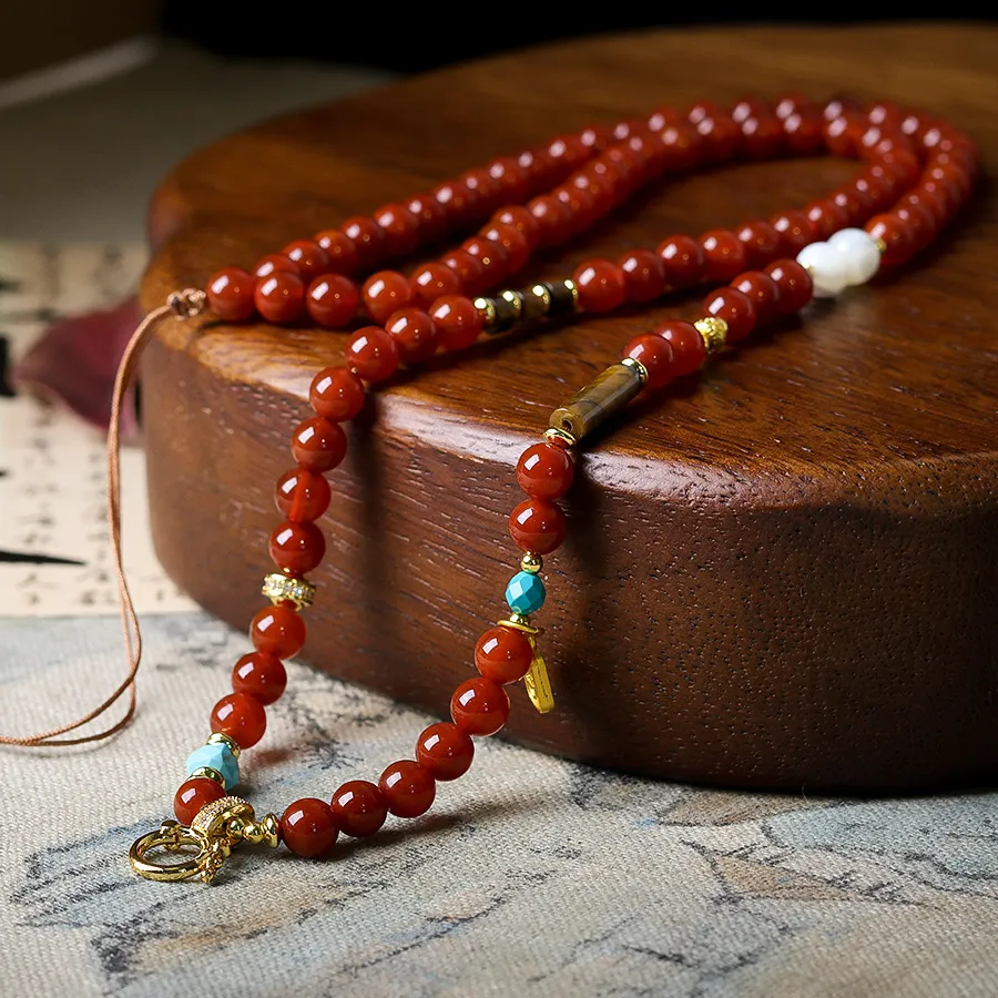 Authentic Handwoven Southern Red Agate Universal Pendant String Tiger Eye Stone Chinese Style Sweater Chain Accessories Gifts