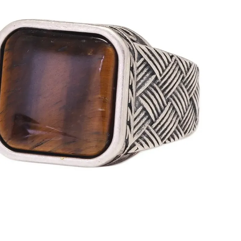 Authentic Real Pure 925 Sterling Silver Ring Antique Vintage Men's Ring Natural Agate Tiger Eye Fine Jewelry