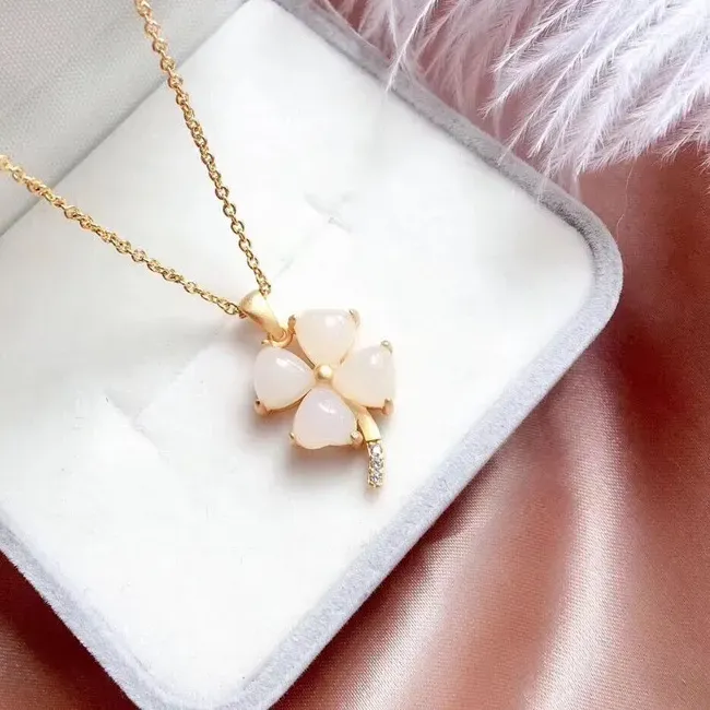 Authentic Whispers Of Fortune White Jade Clover Amulet
