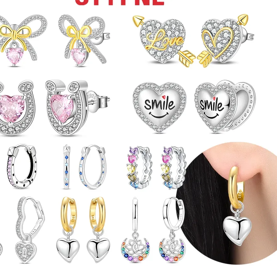 Authentic 925 Sterling Silver Pink Heart Women's Hoops Earrings Fit Earrings Women Drop Earring For Anniversary Wedding Jewelry Gifts