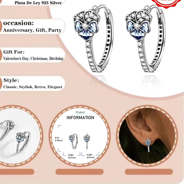 Authentic Plata De Ley 925 Silver Blue Pansy Earrings Studs Pendant Charms Original Women Fashionable Exquisite Jewelry DIY Gift