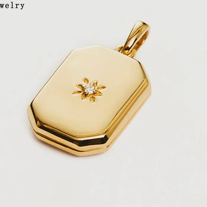 Authentic Trendy Chic Plata 925 Sterling Silver 18k Gold Plated Starburst Zircon Rectangular Lotus Locket Pendant for Necklace Women