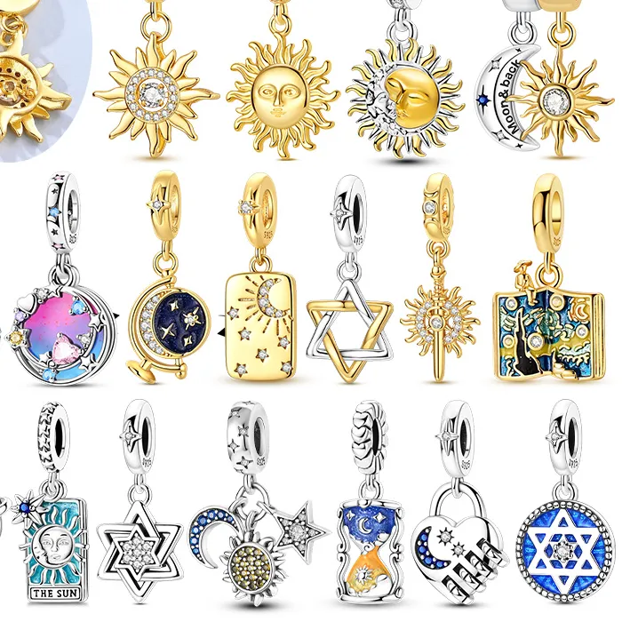 Authentic 925 Sterling Silver Charm Pendant Star Moon Sun Starry Sky Beaded Charm Fit Original Bracelet DIY Fine Jewelry Making For Women